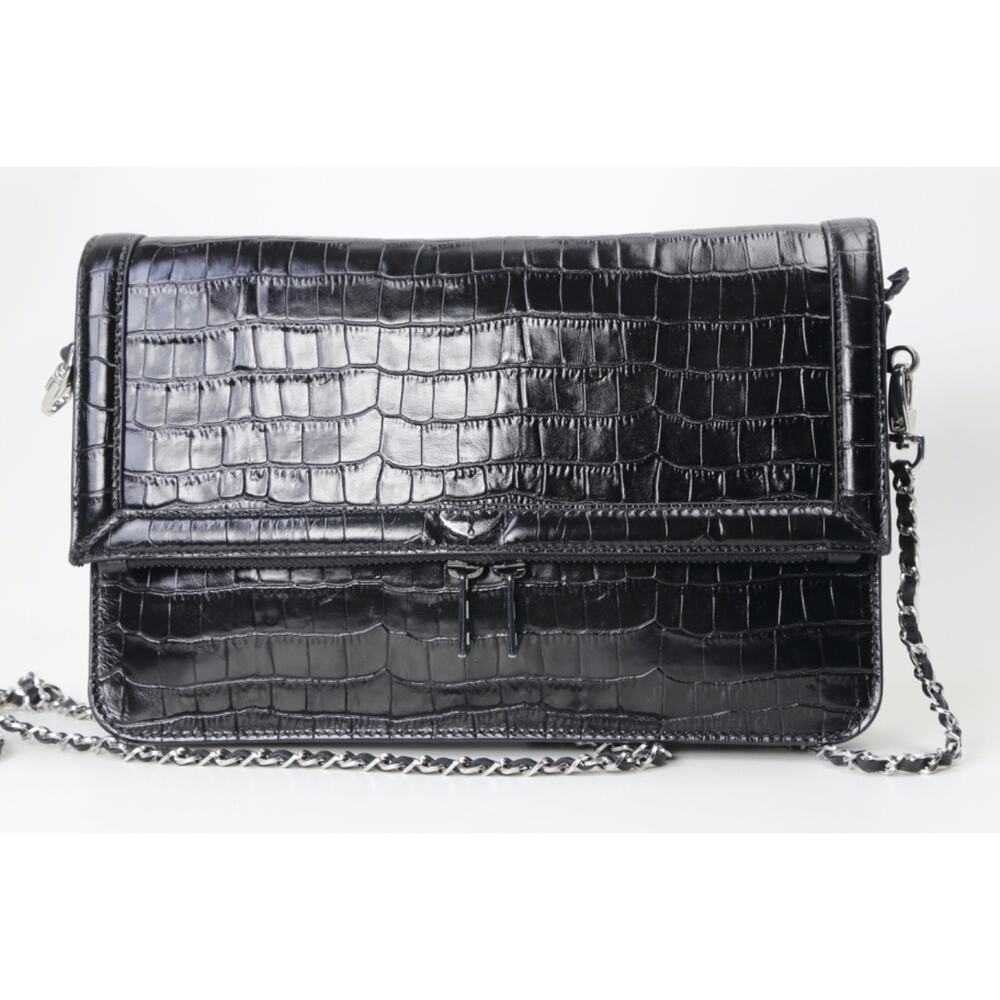 Zadig Voltaire Bag Rock Crossbody Clutch Black Leather Croco Embossed Chain Flap